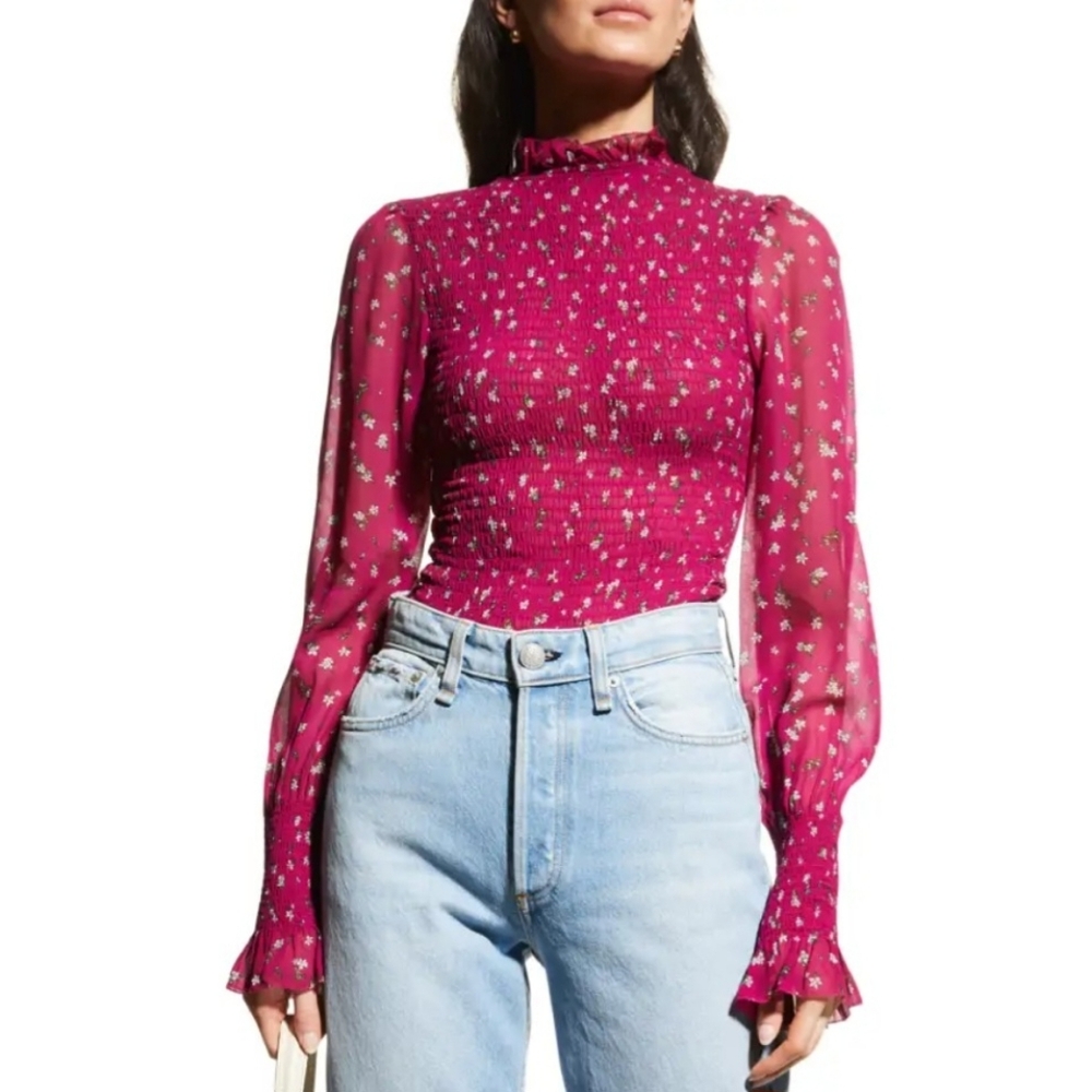 Rag & Bone NWOT Kayden Smocked Boho Blouse Vibrant Fuchsia Floral Ruffle S